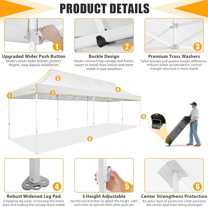 HOTEEL 10x30 Heavy Duty Pop Up Canopy Tent for Parties Event Wedding Commercial Instant Canopy with Wheeled Bag, Party Tent Waterproof UV 50+&Windproof, Upgraded Thick Hexagonal Legs, White