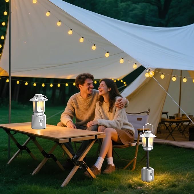 Rechargeable Camping Lantern 8000mAh, Telescoping Lighting Camping Light, 3 Light Modes Hanging Vintage Lantern, Portable Waterproof Tent Light for Hiking, Power Outages, Emergency (Silver)
