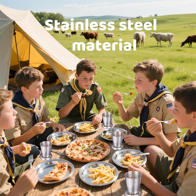 Scout Camping Mess Kits Stainless Steel Utensils Camping Dinnerware Kit Boy Scout Dishes Set Girl Scout Mess Kit with Mesh Bag Camping Cutlery Set Travel Trip School Camp Easy to Carry Clean