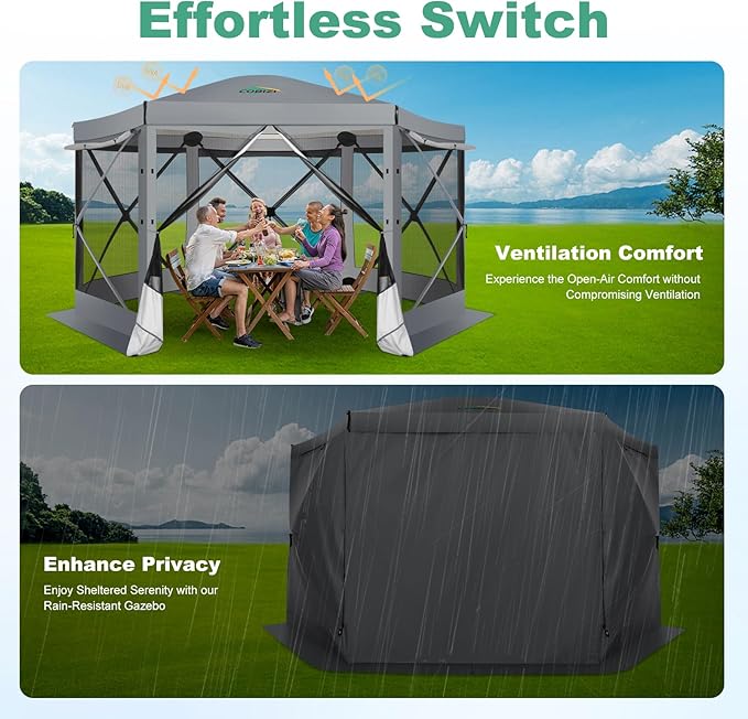 COBIZI 12x12 Pop up Gazebo Screen House Tent for Camping, Outdoor Canopy with Removable Roof&Sidewalls,Portable Hub Tent with Carrying Bag and Ground Stakes, Grey(Upgraded 2.0)
