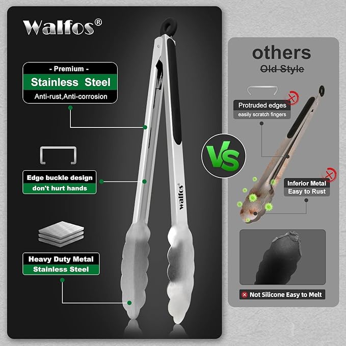 Walfos Stainless Steel Kitchen Tongs for Cooking- 7 ,9 and 12 Inch, Food Grade Metal Tongs for Cooking, BBQ, Set of 3 Heavy Duty Locking Cooking Tongs Non-Slip Grip