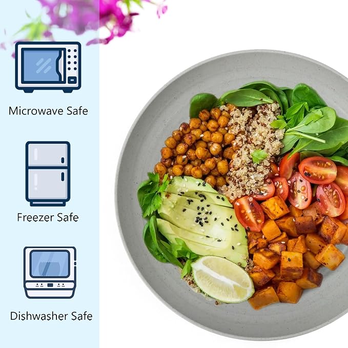 Homienly Wheat Straw Dinner Plates Set of 12 - Microwave & Dishwasher Safe - Unbreakable Kids Plates (Grey, 9 inch)