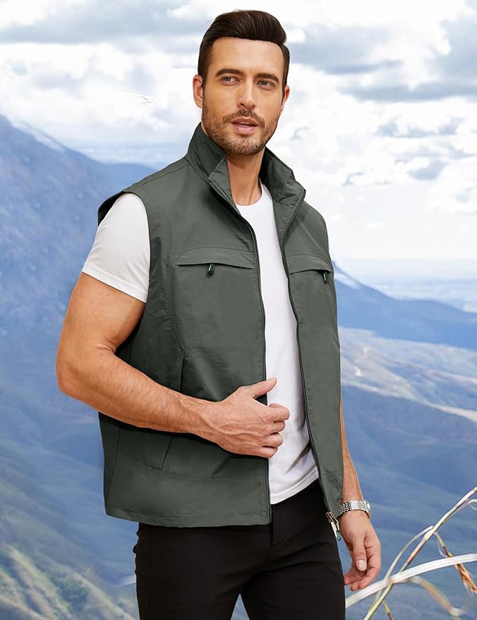 Gihuo Mens Casual Lightweight Travel Vest Summer Utility Safari Vest Sleeveless Jackets for Travel Hiking Fishing