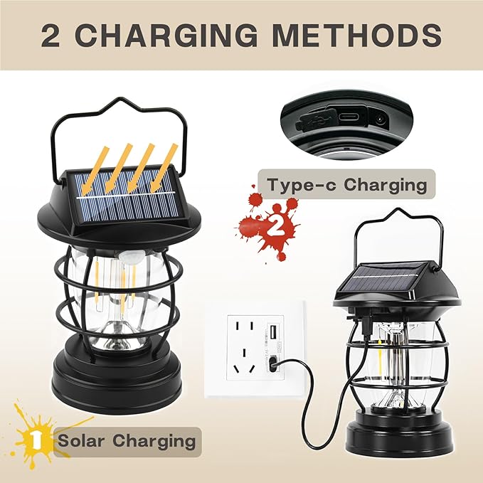 Solar Motion Sensor Lanterns, Outdoor Hanging Lamps, Waterproof, Camping Lights, Rechargeable, Battery Powered, Bright, Decoration for Outside, Porch, Garden, Patio, Yard, Retro Vintage, Gifts