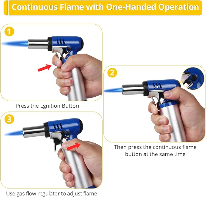 TBTEEK Butane Torch with Fuel Gauge T907, One-hand Operation Kitchen Torch Lighter with Adjustable Flame for BBQ, Baking, Brulee Creme, Crafts and Soldering(Butane Gas Not Included), Blue