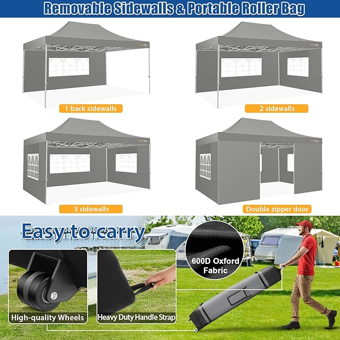 HOTEEL 10x15 Pop up Canopy Tent for Parties, Heavy Duty Easy Setup Tent with 4 Sidewalls, Outdoor Commercial Instant Gazebo for Wedding Event, with Roller Bag & Sand Bags, Grey(Hexagonal Frame)