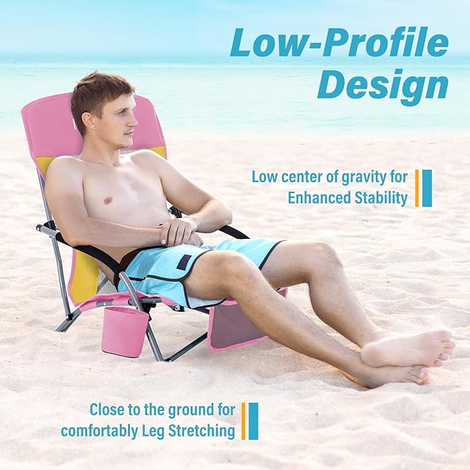 Homcosan Portable Low Folding Beach Chair - Lightweight Camping Chair for Adults with Cup Holder & Storage Pocket, Carry Bag Included (Pink & Yellow)