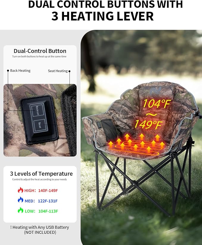 NAIZEA Heated Camping Chair, Oversized Heated Folding Outdoor Chair for Adults with 3 Heat Levels, Portable Foldable Patio Lounge Chair for Sports Outdoors Camp, Battery NOT Included