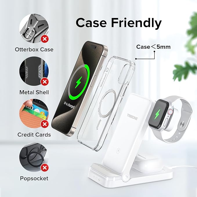 Wireless Charger, Tribone 3 in 1 Foldable Fast Charger for iPhone 16 15 14 13 12 11 Pro Max XR XS 8 Plus,for Multiple Devices,for Apple Watch 10 9 8 7 6 5 4 3 2 SE Ultra,for AirPods Pro 4 3 2 (White)