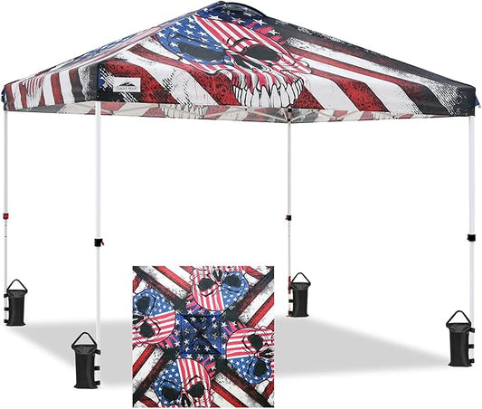 EAGLE PEAK Pop Up Canopy Tent with Wheeled Carry Bag, 8 Stakes, 4 Ropes, 4 Weight Bags, Easy Set Up Tent Canopy, 10x10 ft, 100sqft of Shade, Americana Skull