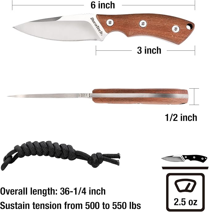 DURATECH Compact Fixed Blade Knife, 6-inch Neck Knife, 3-inch Blade, Full Tang, Wood Handle with Molded Sheath, Necklace and Paracord included, for EDC, Outdoor, Camping, Hiking