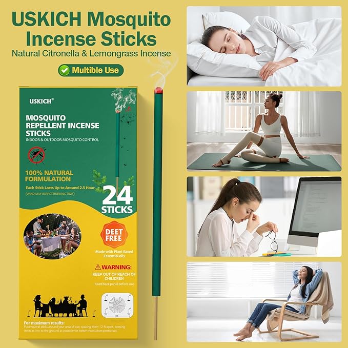 24 Naturals Mosquito Repellent Incense Sticks|Citronella Oil DEET Free Organic Mosquito Barrier Repeller for Backyard Patio Travel Camping Indoors Outdoor Gnat Mosquito Control | 2.5 Hour Protection