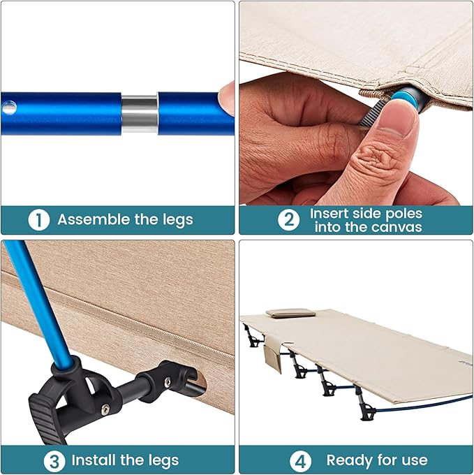 FUNDANGO Ultralight Folding Camping Cot, Extra Long Backpacking Camping Cots for Adults Portable Cot Bed for Hiking Travel Home Mountaineering, Beige