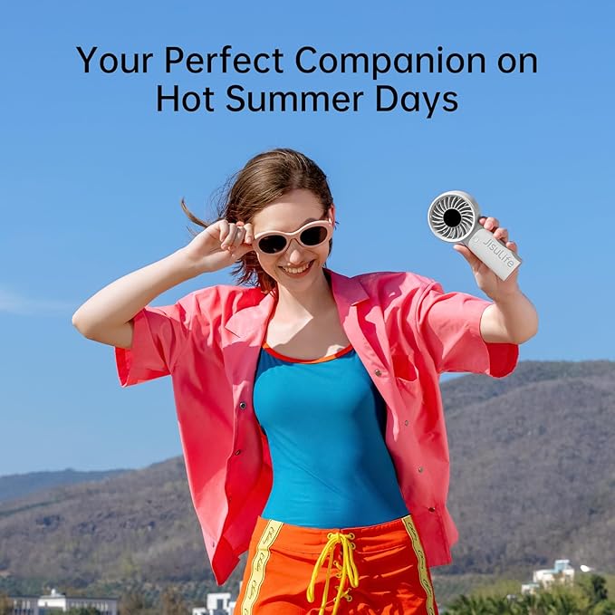 JISULIFE Handheld Portable Fan with Powerful Motor,LED Display,3600mAh Battery,5 Wind Speeds,Lanyard; Summer Essentials USB Rechargeable Hand held Fan for Travel,Beach,Makeup,Concerts-Gery