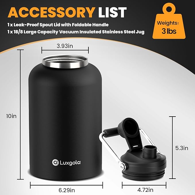 128 oz Insulated Water Bottle with Spout Lid and Handle, One Gallon Stainless Steel Double Vacuum Water Jug for Hot & Cold Drinks - Sweat Proof, Great for Travel, Hiking, Camping - Stainless