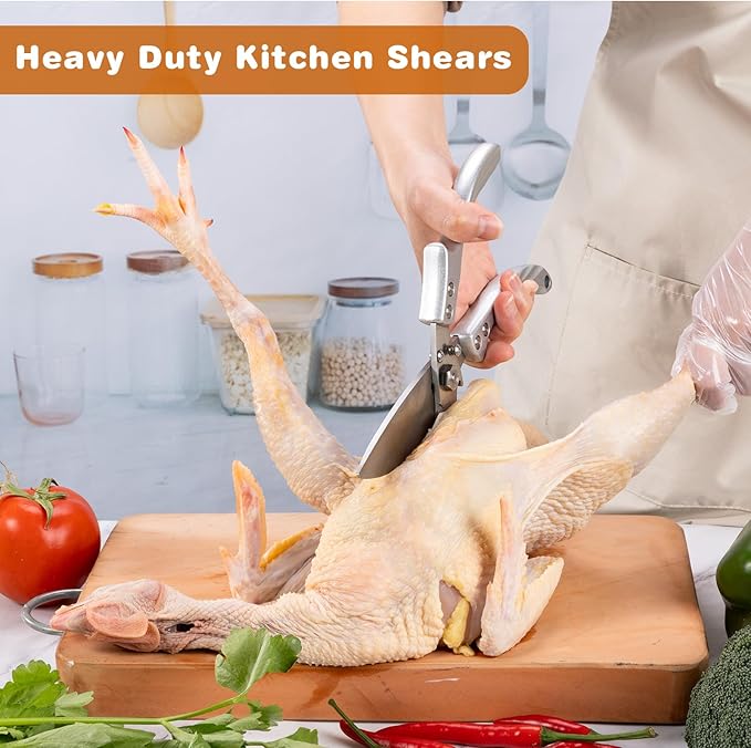 Kitchen Shears for food - Heavy Duty Kitchen Scissors Stainless Steel Poultry Shears for Meat Bones Seafood, All Purpose Food Scissors, Detachable Blades, Ergonomic Handle, Dishwasher Safe Silver