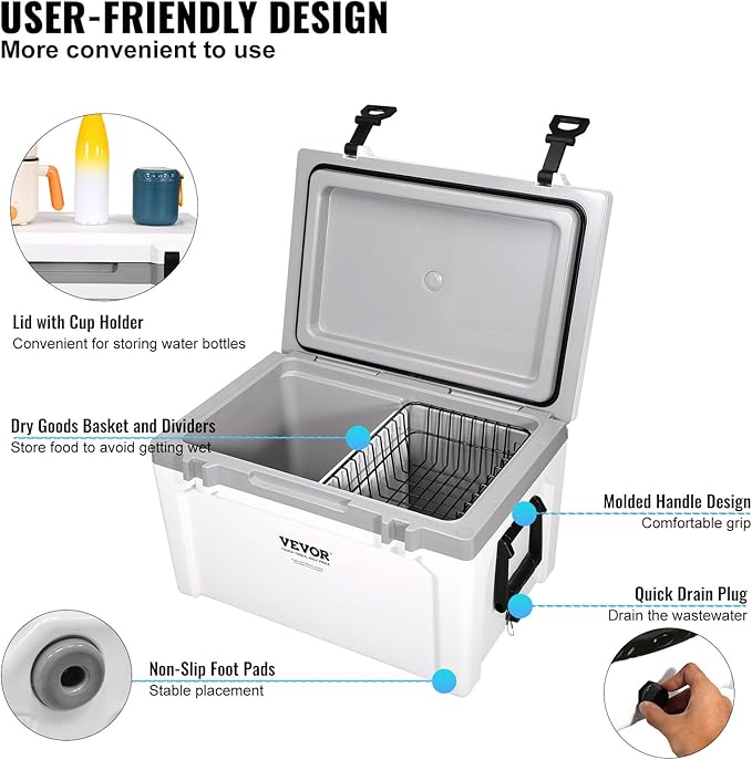 VEVOR Ultra-Light Hard Cooler, Ice Retention Cooler with Heavy Duty Handle, Ice Chest Lunch Box for Camping, Travel, Outdoor, Keeps Cool for up to 6 Days, 30% Lighter Than Rotomolded Coolers