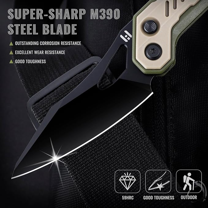 Hightron Spectron Folding Knife, 3.05" M390 Steel Blade and Nylon Fiber Handle, EDC Knives with Pocket Clip for Men Women Sharp Hiking Camping Survival Knife Khaki&Green