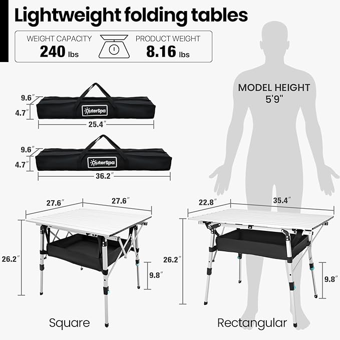 Portable Camping Table with Adjustable Legs, Lightweight Aluminum Folding Table Foldable Table for Outdoor Cooking, Picnic, Beach, Backyards, Rectangular