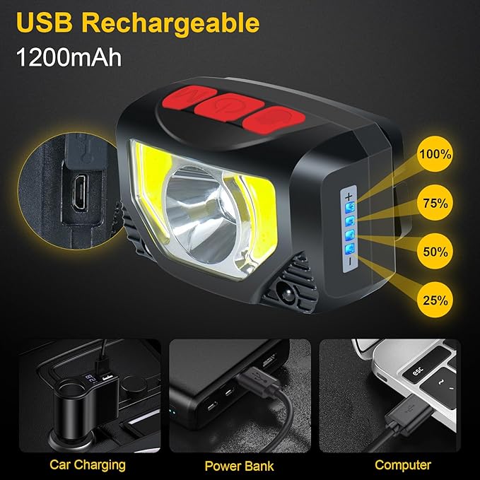LED Headlamp Rechargeable, 4 Pack Head Lamp Flashlight Headlight Light with Motion Sensor for Outdoor Camping Biking Running Fishing
