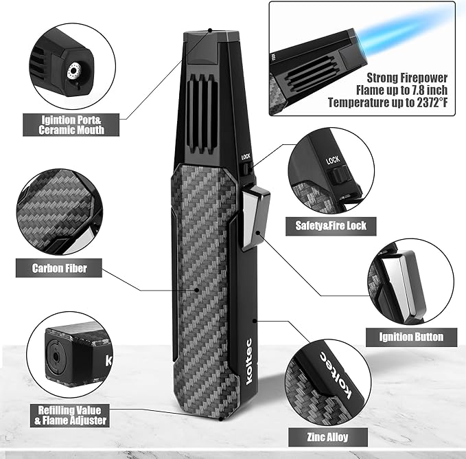 Butane Torch, Outdoor Windproof Cooking Torch Lighter, Refillable Adjustable Jet Flame Kitchen Butane Lighter with Safety and Fire Lock, Gift Box Package (Gas Not Included) (Black)