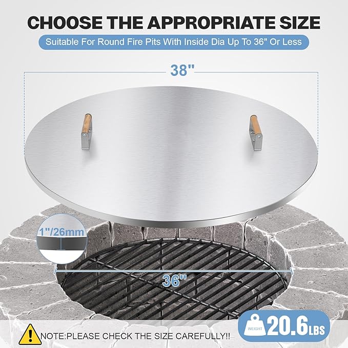 Fire Pit Lid Cover Round - 38" Stainless Steel Rust Resistant Firepit Cover or Table with 2 Wooden Handles for Patio Fire Pit, Weatherproof for All Seasons, Fits Fire Pits Up to 36"