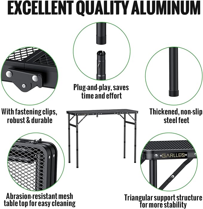 GARLLEN Folding Grill Table, 3 Adjustable Height Portable Picnic Table with Heat-Resistant Mesh Desktop, Lightweight Aluminum Camping Table for Outdoor, BBQ, Camping, 34.2" L x 15.7" W, Black