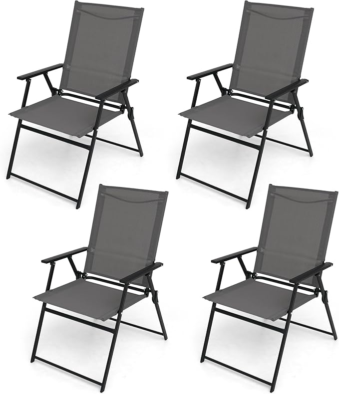 4 Pcs Patio Dining Chairs with Armrests Folding Outdoor Chairs Used for Camping Garden Backyard Pool Porch - Lightweight Grey Sling High Back