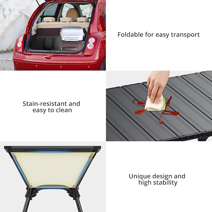 3ft Folding Camping Table, 4 Adjustable Heights Tall Aluminum Roll Up Camping Table with Carrying Bag, Portable, Waterproof, for Picnic, Outdoor, Travel, Backyard, Beach, 35” X 16”, Black