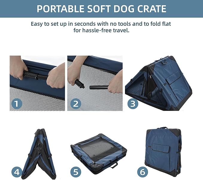 36 Inch Collapsible Crate for Large Dogs, 4-Door Foldable Soft Kennel with Chew Proof Mesh Windows for Indoor & Outdoor Travel,Navy Blue