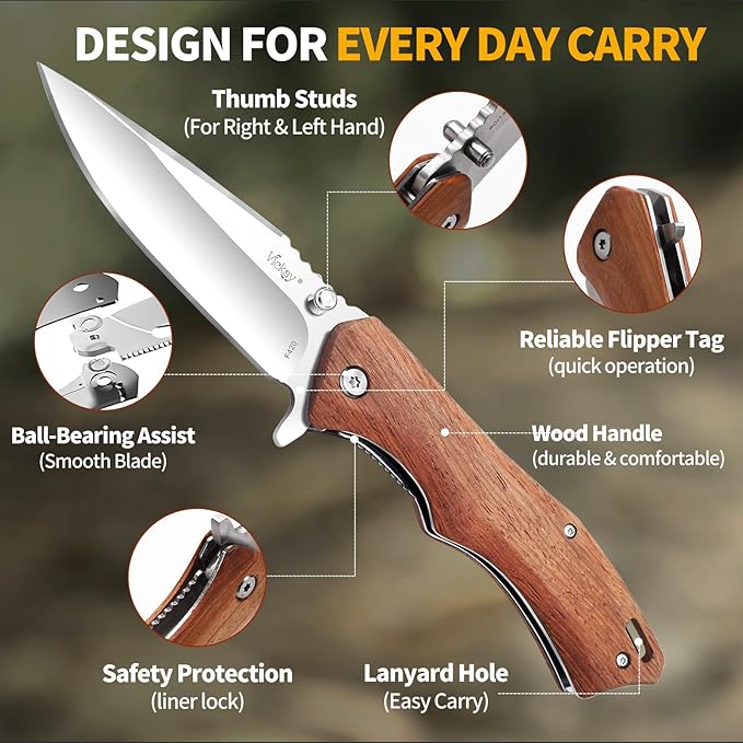 Vickay Pocket Knife for Men, 3.4" 8Cr13MoV Steel Blade, Wood Handle EDC Folding Knife with Liner Lock for Outdoor Camping, Tactical, Hunting, Hiking, Survival - Father’s Day Gift