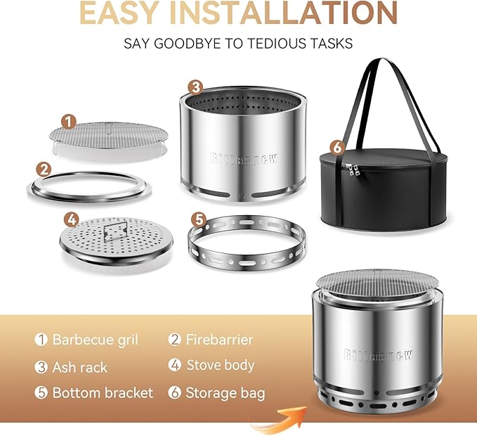Smokeless Stove Fire Pit, Bittesnew 304 Stainless Steel Patio Fire Pit 19 Inch, Portable Outdoor Stove with Carrying Bag for Wood Buring, Camping Backyard, Patio, Garden, Picnic, 20 inch High