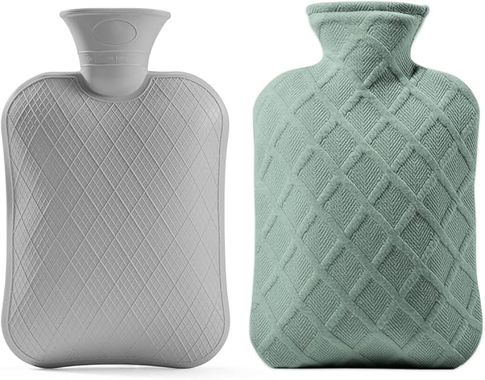 FORICOM Hot Water Bottle with Cover,Hot Water Bag for Pain Relief 2Liter,Heating Pad,Hand Warmer,Warming Bed.Classic.BPA Free,Close-Match(Green)