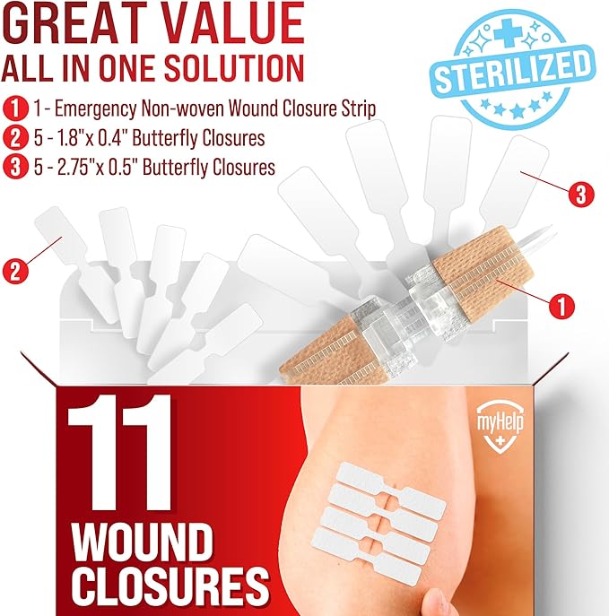 Emergency Wound Closure Strips - 11pk - 2 Types Easy to Use Butterfly Bandages - Stitchless & Painless Laceration Closure Kit