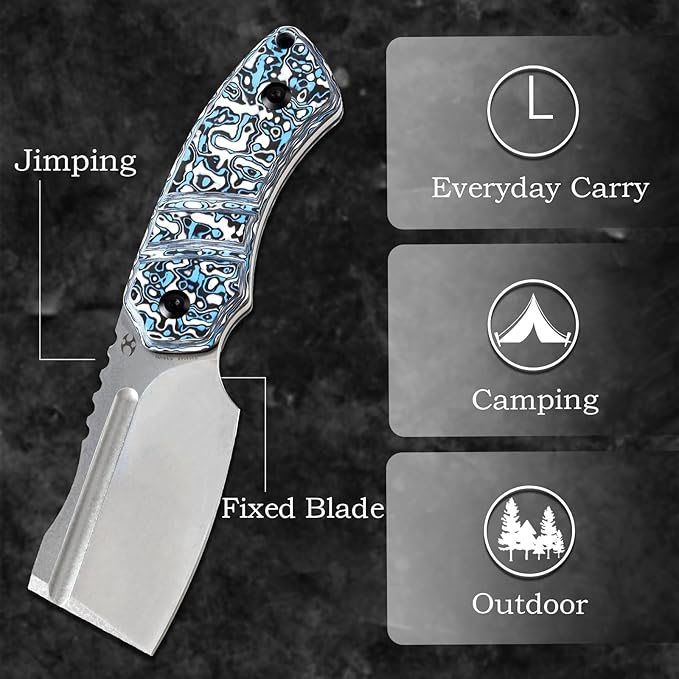 KANSEPT Knives Korvid S Fixed blade Hunting Camping Hiking Knife with 2.9''CPM S35VN Cleaver Blade Blue & White Carbon Fiber Handle, Kydex Sheath for Men WomenEveryday Carry G2030A6