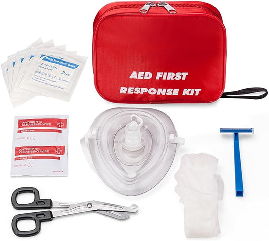 AED First Kit with CPR, Gloves, Razor, Scissors, Gauze Pads, and Cleansing Wipes for AED Training