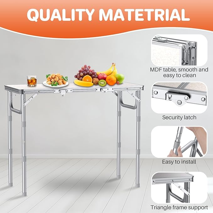 FUNYKICH 3ft Folding Camping Table with 3 Adjustable Height, 34.2'' Lx15.7'' W Portable Picnic Tables, Lightweight Aluminum Outdoor Table with Carry Handle for Camping, Backyard Party, Picnic, Beach