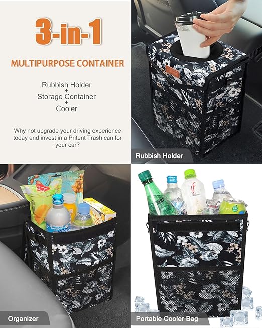 Car Trash Can with Lid, Cute Leakproof Car Trash Garbage Bag Hanging Vehicle Trash Bin Small Portable Automotive Garbage Cans Organizer for Back/Front Seat(Trapezoid,Black with Lily Print)