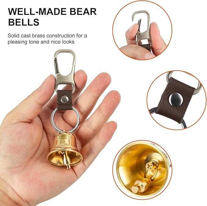 Fhmidic Loud Bear Bell with Whistle Set for Hikers, 3 in 1 Hiking Gear Solid Brass Bear Bells with Silencer, Carabiner and Emergency Whistle for Survival, Hiking, Camping, Climbing