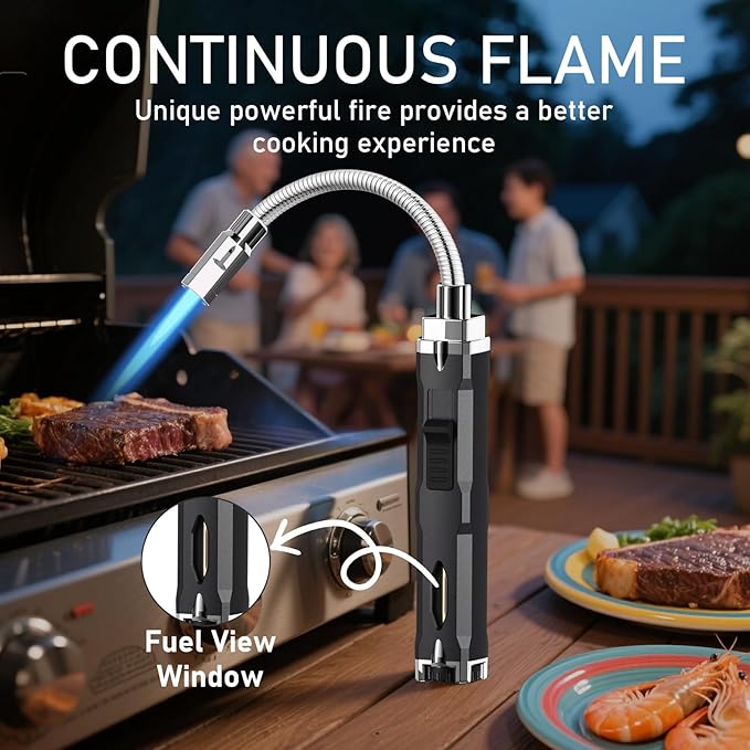 Torch Lighter, Long Flexible Neck Refillable Butane Lighter, Jet Flame Windproof Lighter with Visual Fuel Window for Kitchen Cooking, Baking, BBQ & Camping (Fuel Not Included)