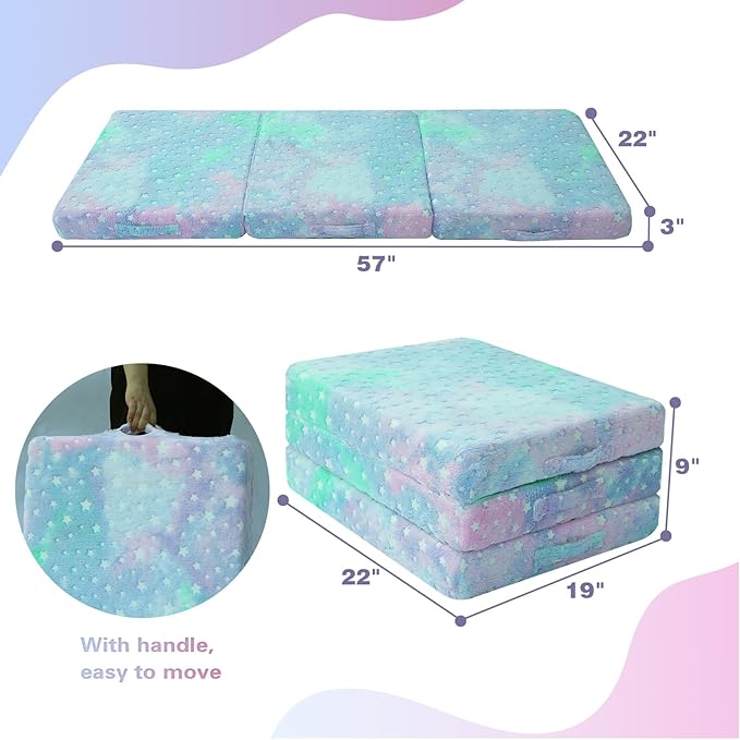 MeMoreCool Foldable Floor Mattress for Kids, Glow 57x22 Inch Toddler Nap Mat for Sleeping and Daycare, Portable Trifold Futon Mattress Floor Bed