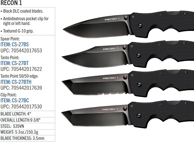 Cold Steel Recon 1 4" S35VN Razor-Sharp Blade 5.375" G-10 Handle Tactical Folding Knife w/Tri-Ad Lock, Ambidextrous Pocket/Belt Clip