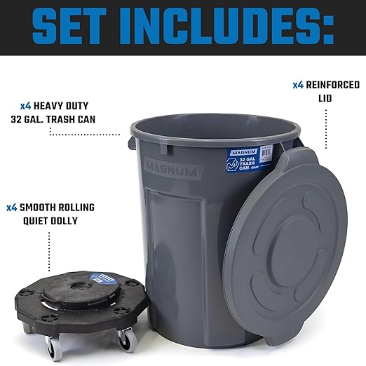 Magnum Gray 32 Gallon Trash Can Set (Trash Can, Quiet Dolly, and Reinforced Lid), Construction Grade, Jobsite Ready, Non-Marking Wheels & Casters for Rolling Garbage CMTC-CLD0-32G04 (4 Set)