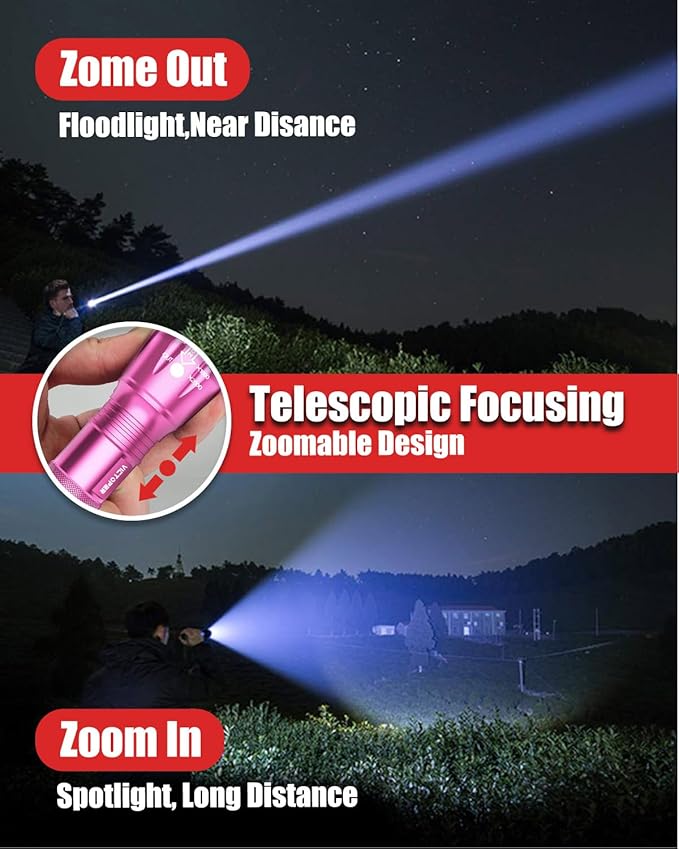 Victoper LED Flashlight 2 Pack Pink, Bright High Lumens Tactical Flashlights High Lumens with 5 Modes, Waterproof Zoomable Flash Light for Outdoor, Gifts for Hunting Camping Essentials Gear