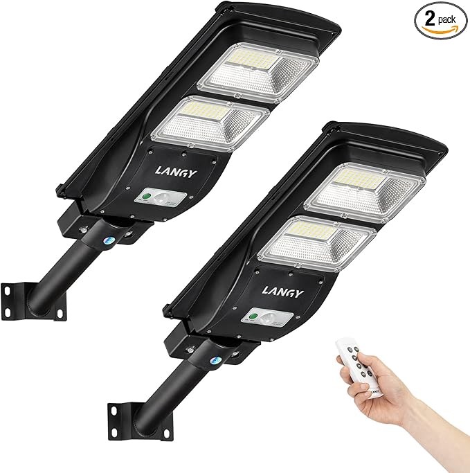 2 Pack Solar Street Lights Outdoor 120000 lumens, Led Street Light Outdoor Dusk to Dawn Security Led Solar Street Light with Remote Control for Square, Yard, Garden, Basketball Court