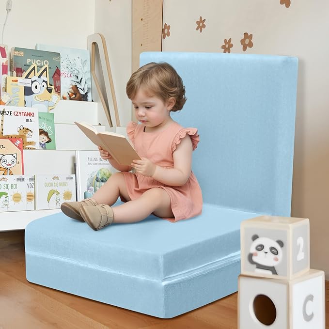 MeMoreCool Foldable Floor Mattress for Kids, Toddler Floor Nap Mat for Sleeping Daycare, Small Child Foldable Mattress Floor Bed, Trifold Futon Portable Tri Folding Mattress, Blue 57x22 Inch