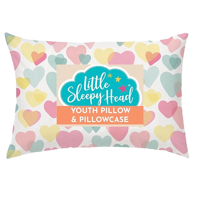 Little Sleepy Head Youth Pillow with Pillowcase 16x22, Soft Jumbo Toddler Pillows, Hypoallergenic Pillow Case - Best Kids Pillows for Sleeping, Perfect Kids Travel Pillows (Hearts)