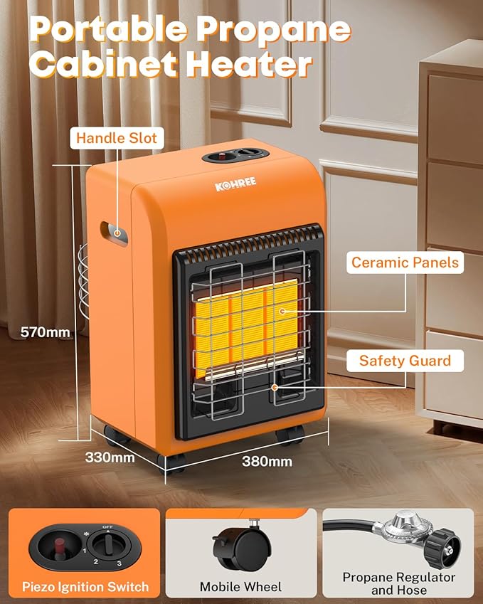 Kohree 18,000 BTU Portable Propane Heater With ODS & Tip-Over Protection, Gas Regulator & Hose for Outdoor Tank, Patio, Garage, Camping (Orange)