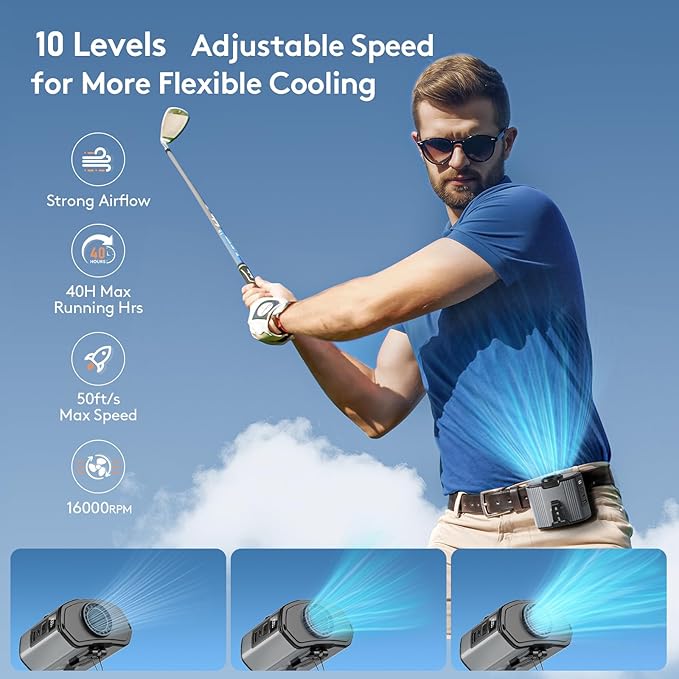 12000mAh Portable Waist Fan Clip on-10 Speeds Under Shirt Fan, Max 40Hrs Runtime Belt Clip Fans Rechargeable, 17000RPM High Speed Turbo Motor, Body Fans for Men Outdoor, Jobsite, Farming Work, Grey