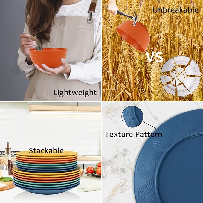 40 Pieces Plates and Bowls Sets, Wheat Straw Dinnerware Sets for 8, Dinner Plates, Cereal Bowls and Drinking Cups, Unbreakable and Reusable Plastic Dinnerware Sets (Multicolor)